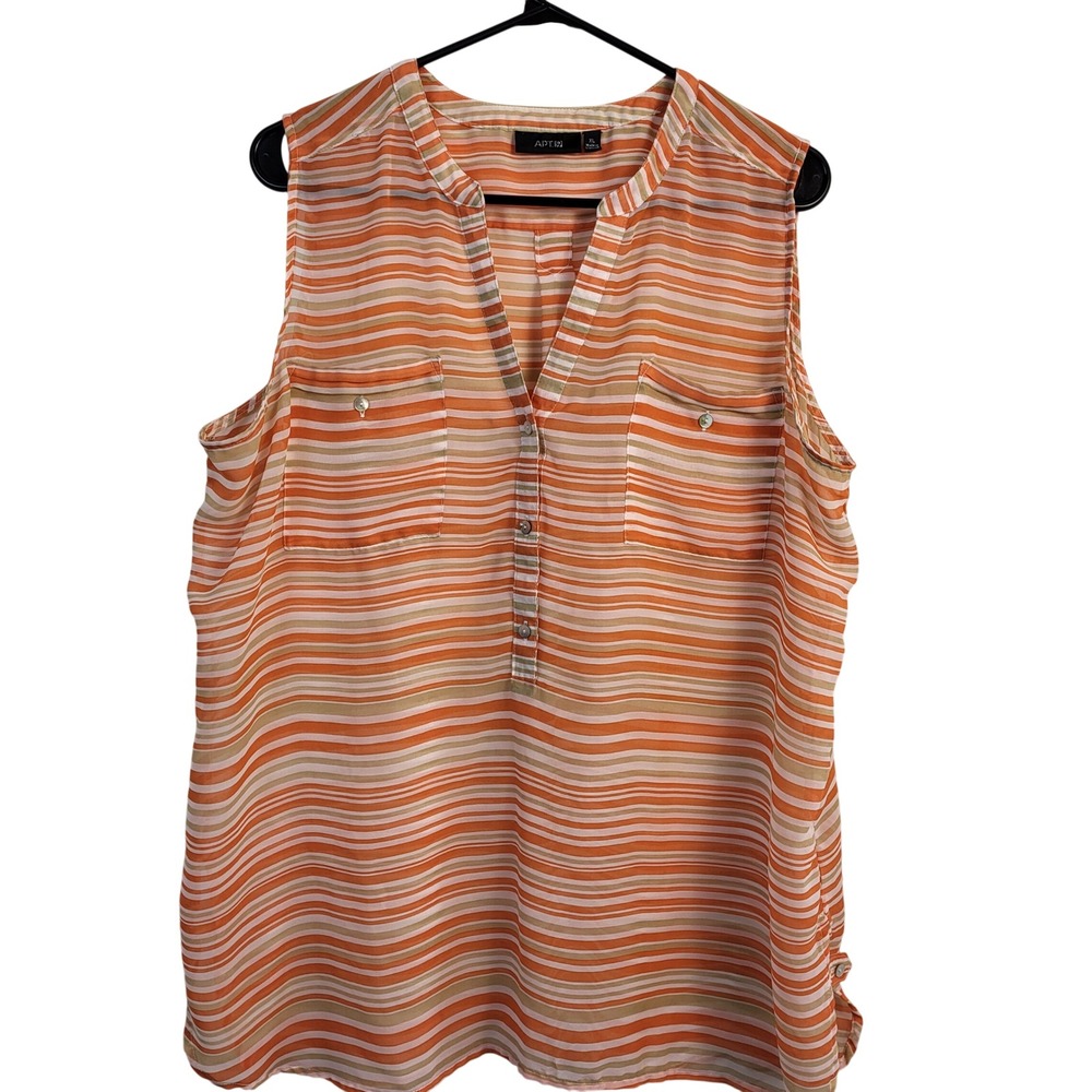 Womens XL Sleeveless Blouse Orange Striped Lightweight Button Front Summer Top
